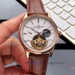 Perfect Replica Jaeger LeCoultre White Moonphase Tourbillon Dial Rose Gold Smooth Bezel 42mm Watch